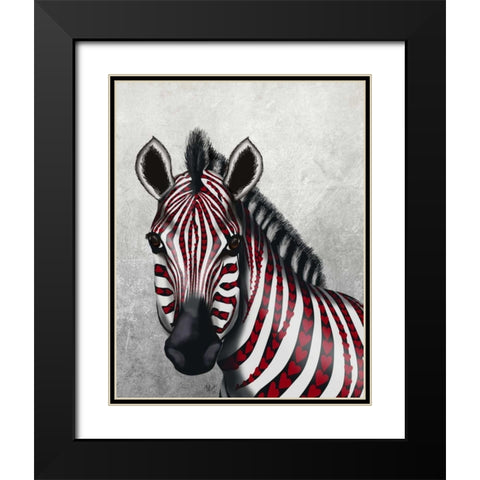Zebra, Red Love Hearts Black Modern Wood Framed Art Print with Double Matting by Fab Funky