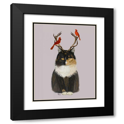 Tortoiseshell Cat, Antlers and Red Birds Black Modern Wood Framed Art Print with Double Matting by Fab Funky