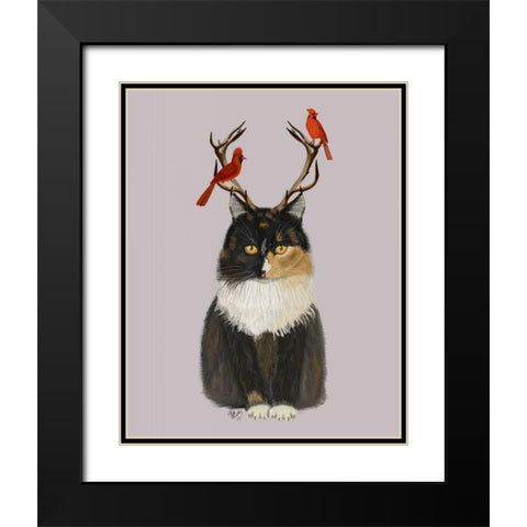 Tortoiseshell Cat, Antlers and Red Birds Black Modern Wood Framed Art Print with Double Matting by Fab Funky
