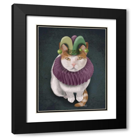 Cat, White with Jester Hat Black Modern Wood Framed Art Print with Double Matting by Fab Funky