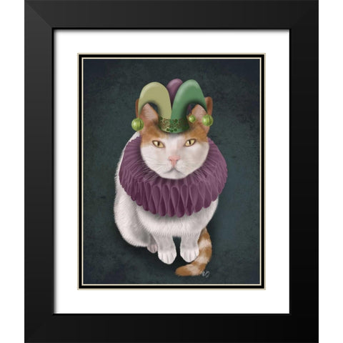 Cat, White with Jester Hat Black Modern Wood Framed Art Print with Double Matting by Fab Funky