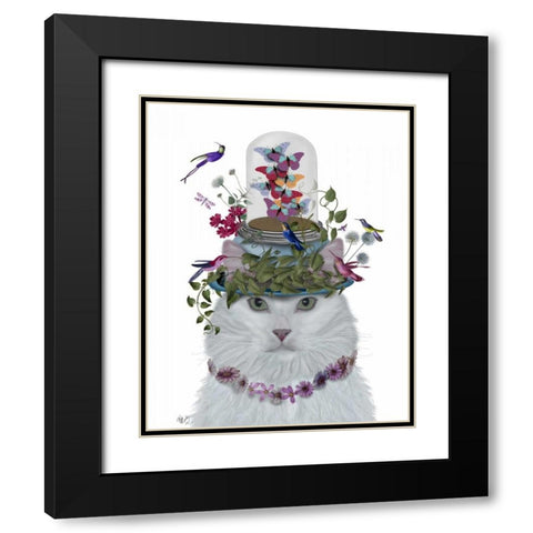 Cat, White with Butterfly bell jar Black Modern Wood Framed Art Print with Double Matting by Fab Funky