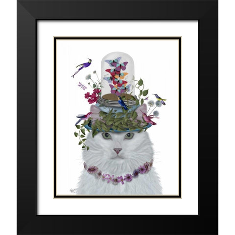 Cat, White with Butterfly bell jar Black Modern Wood Framed Art Print with Double Matting by Fab Funky
