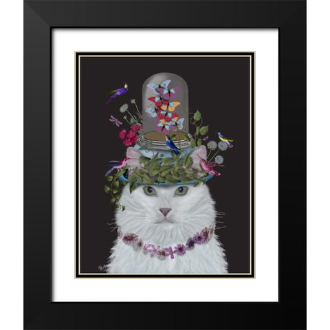 Cat, White with Butterfly bell jar, on black Black Modern Wood Framed Art Print with Double Matting by Fab Funky