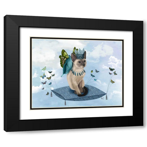 Cat on Pillow with Butterflies Black Modern Wood Framed Art Print with Double Matting by Fab Funky
