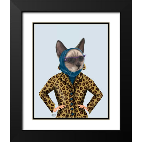 Cat with Leopard Jacket Black Modern Wood Framed Art Print with Double Matting by Fab Funky