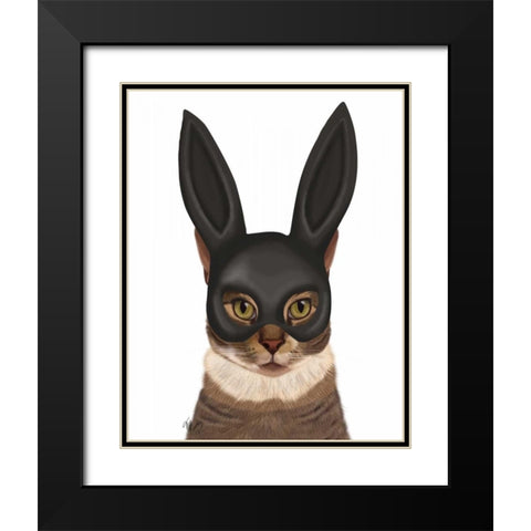 Cat with Bunny Mask Black Modern Wood Framed Art Print with Double Matting by Fab Funky