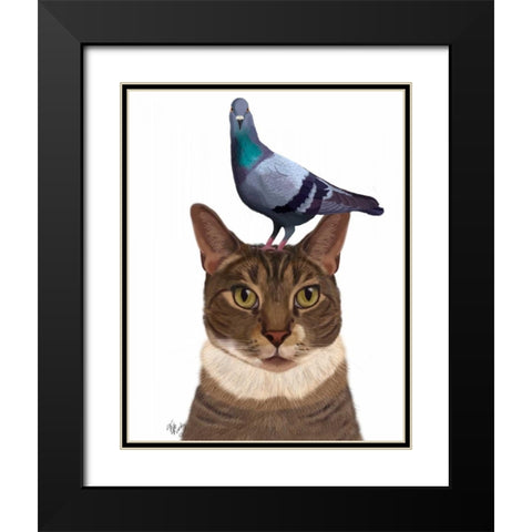 Cat with Pigeon on Head Black Modern Wood Framed Art Print with Double Matting by Fab Funky