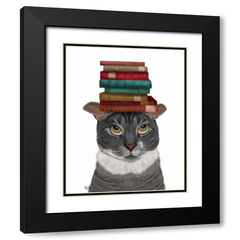 Grey Cat with Books on Head Black Modern Wood Framed Art Print with Double Matting by Fab Funky