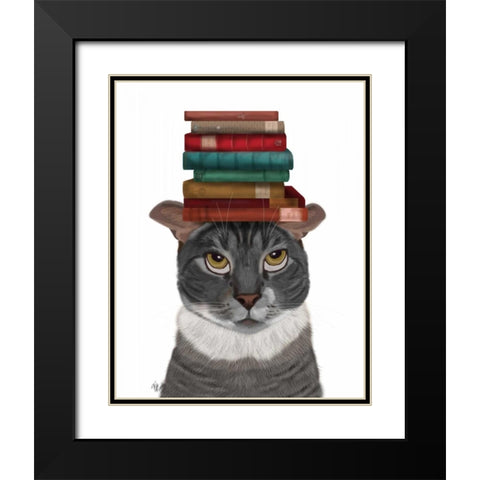 Grey Cat with Books on Head Black Modern Wood Framed Art Print with Double Matting by Fab Funky