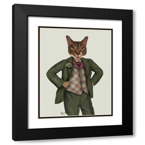 Cat in Tartan Waistcoat Black Modern Wood Framed Art Print with Double Matting by Fab Funky