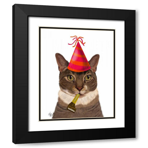 Tortoiseshell Cat, Party Hat Black Modern Wood Framed Art Print with Double Matting by Fab Funky