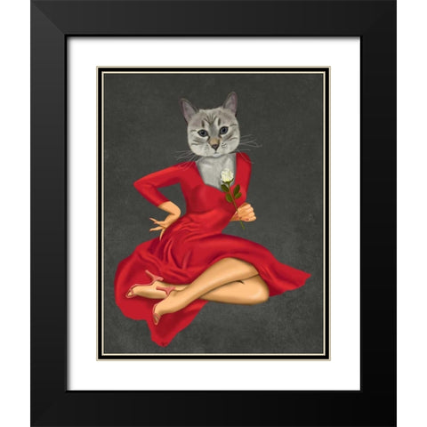 Grey Cat with White Rose Black Modern Wood Framed Art Print with Double Matting by Fab Funky