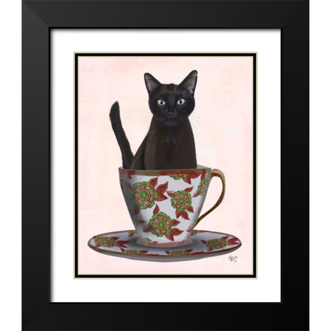 Black Cat in Teacup Black Modern Wood Framed Art Print with Double Matting by Fab Funky
