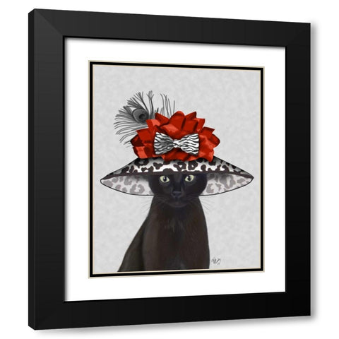 Cat, Black with Fabulous Hat Black Modern Wood Framed Art Print with Double Matting by Fab Funky