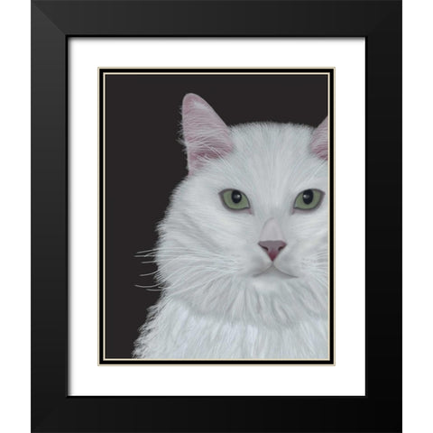 Cat, White Portrait on Dark Grey Black Modern Wood Framed Art Print with Double Matting by Fab Funky