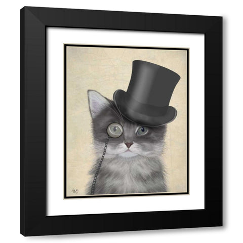 Cat, Grey with Top Hat Black Modern Wood Framed Art Print with Double Matting by Fab Funky