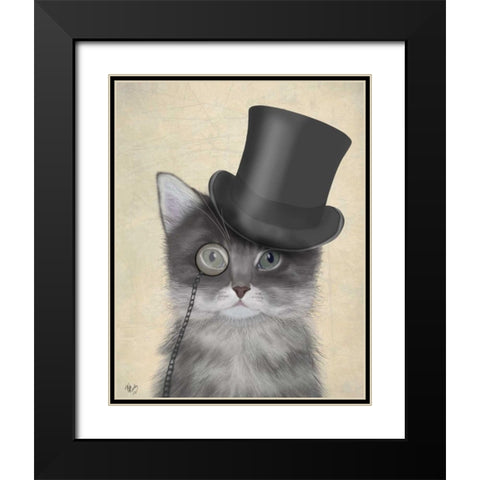 Cat, Grey with Top Hat Black Modern Wood Framed Art Print with Double Matting by Fab Funky