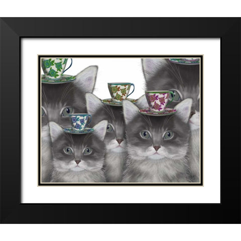 Cat Family Tea Party Black Modern Wood Framed Art Print with Double Matting by Fab Funky