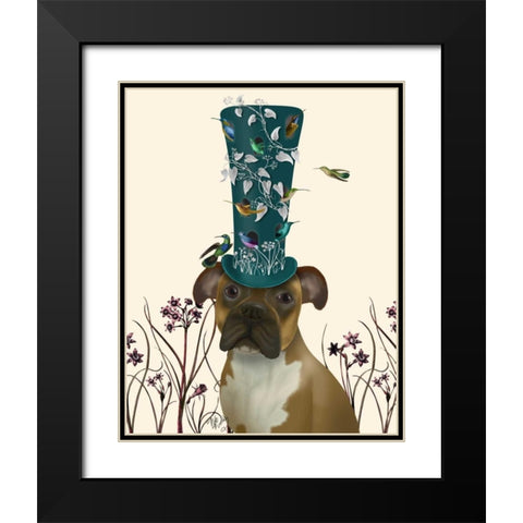 Boxer and Bird Hat Black Modern Wood Framed Art Print with Double Matting by Fab Funky