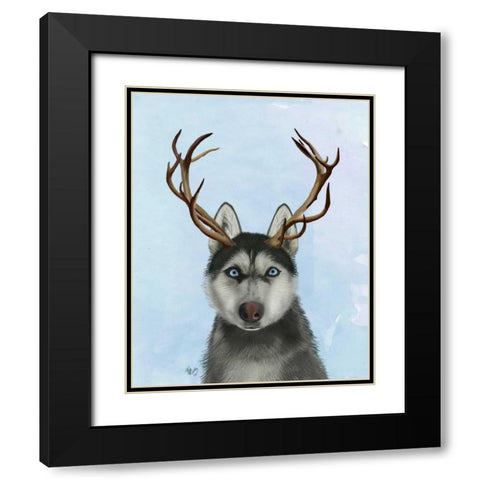 Husky and Antlers Black Modern Wood Framed Art Print with Double Matting by Fab Funky