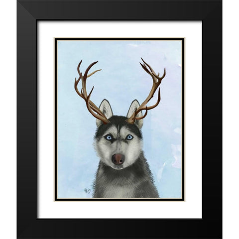Husky and Antlers Black Modern Wood Framed Art Print with Double Matting by Fab Funky
