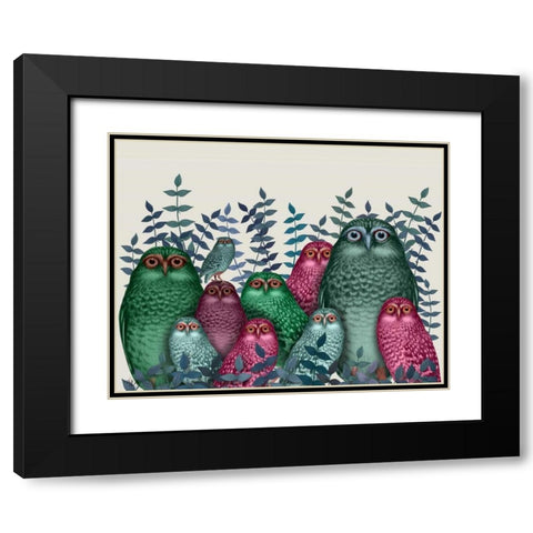 Electric Owls, Pink and Green Black Modern Wood Framed Art Print with Double Matting by Fab Funky