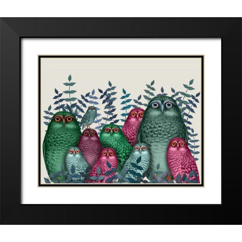 Electric Owls, Pink and Green Black Modern Wood Framed Art Print with Double Matting by Fab Funky