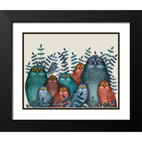 Electric Owls, Blue and Orange Black Modern Wood Framed Art Print with Double Matting by Fab Funky