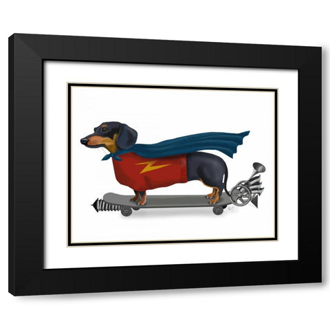 Dachshund On Skateboard Black Modern Wood Framed Art Print with Double Matting by Fab Funky