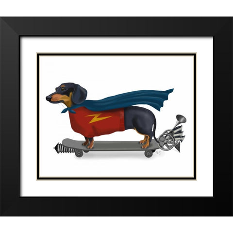 Dachshund On Skateboard Black Modern Wood Framed Art Print with Double Matting by Fab Funky