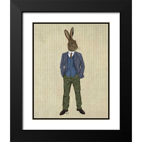 Rabbit in Blue Waistcoat Black Modern Wood Framed Art Print with Double Matting by Fab Funky