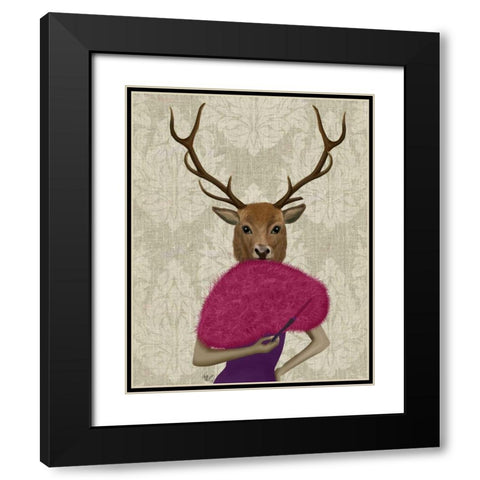 Deer with Fan, Portrait Black Modern Wood Framed Art Print with Double Matting by Fab Funky