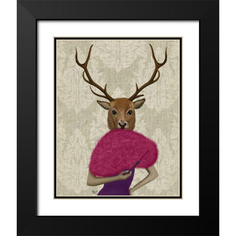 Deer with Fan, Portrait Black Modern Wood Framed Art Print with Double Matting by Fab Funky