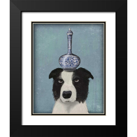 Border Collie with Blue Vase Black Modern Wood Framed Art Print with Double Matting by Fab Funky