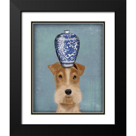 Fox Terrier with Blue Vase Black Modern Wood Framed Art Print with Double Matting by Fab Funky