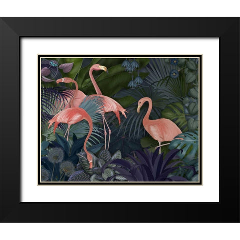 Flamingos in Blue Garden Black Modern Wood Framed Art Print with Double Matting by Fab Funky