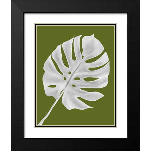 Monstera Leaf 1, White On Green Black Modern Wood Framed Art Print with Double Matting by Fab Funky