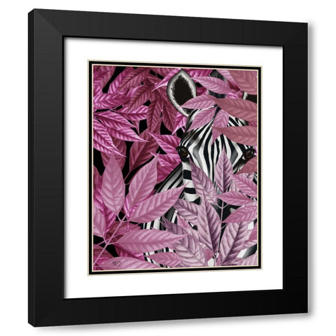 Zebra in Pink Leaves Black Modern Wood Framed Art Print with Double Matting by Fab Funky