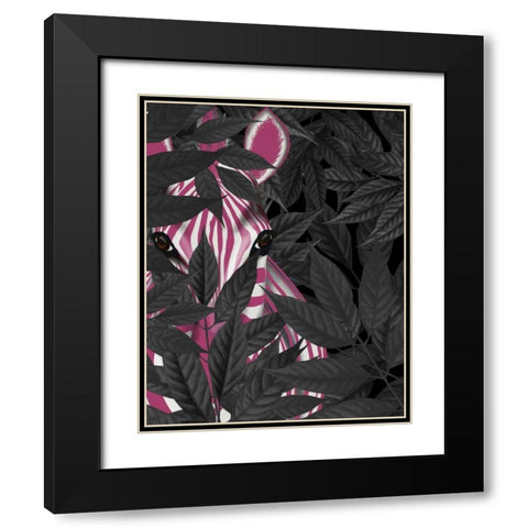 Zebra, Pink in Black Leaves Black Modern Wood Framed Art Print with Double Matting by Fab Funky