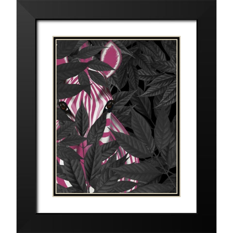Zebra, Pink in Black Leaves Black Modern Wood Framed Art Print with Double Matting by Fab Funky