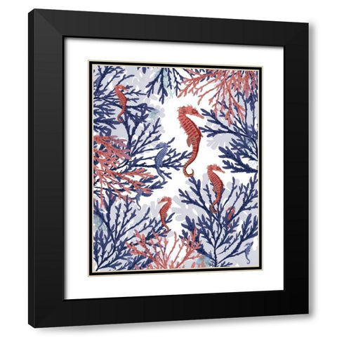 Coral and Seahorse, Pink and Blue Black Modern Wood Framed Art Print with Double Matting by Fab Funky
