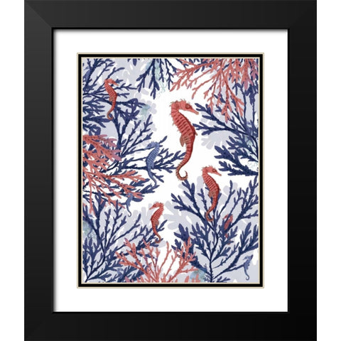 Coral and Seahorse, Pink and Blue Black Modern Wood Framed Art Print with Double Matting by Fab Funky
