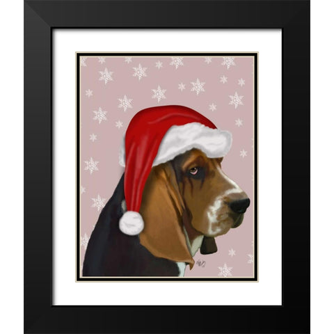 Basset Hound, Christmas Hat Black Modern Wood Framed Art Print with Double Matting by Fab Funky