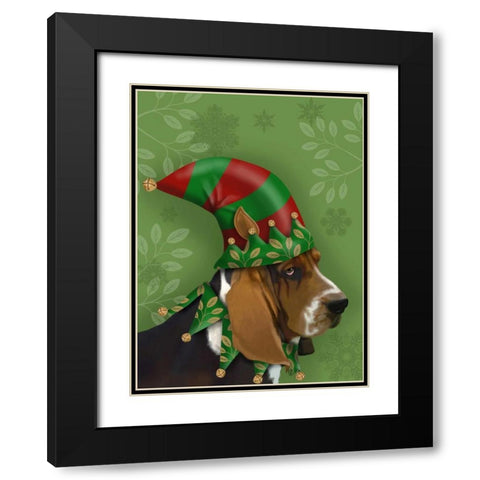 Basset Hound, Elf Hat Black Modern Wood Framed Art Print with Double Matting by Fab Funky