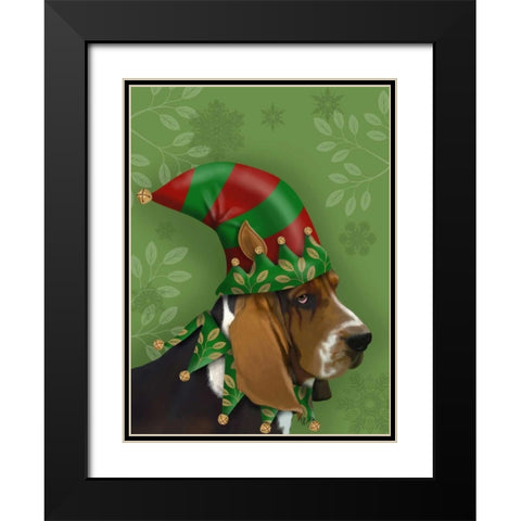Basset Hound, Elf Hat Black Modern Wood Framed Art Print with Double Matting by Fab Funky