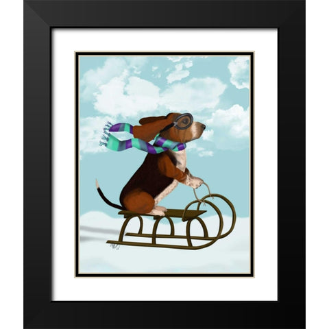 Basset Hound, Sledging Black Modern Wood Framed Art Print with Double Matting by Fab Funky