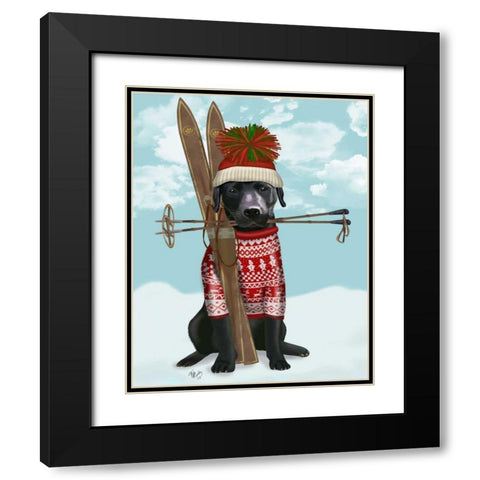 Black Labrador, Skiing Black Modern Wood Framed Art Print with Double Matting by Fab Funky