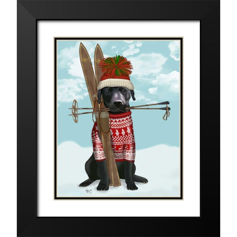 Black Labrador, Skiing Black Modern Wood Framed Art Print with Double Matting by Fab Funky