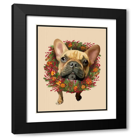 French Bulldog, Cranberry Wreath Black Modern Wood Framed Art Print with Double Matting by Fab Funky